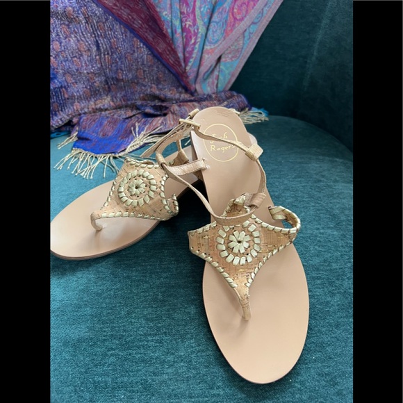 Jack Rogers 9.5 Heels Shoes Tan Gold Leather - Picture 1 of 9